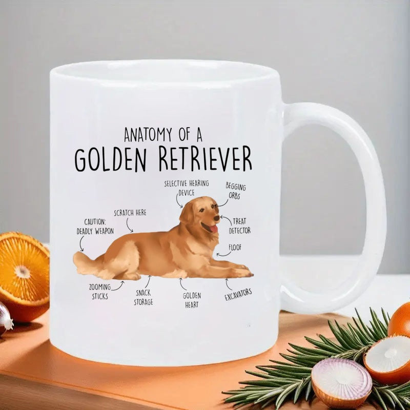 Tailorly White Ceramic 11 oz Mug - Anatomy Of A Golden Retriever Loyal Resting Dog With Descriptive Anatomical Labels On Clean Surface Golden Retriever