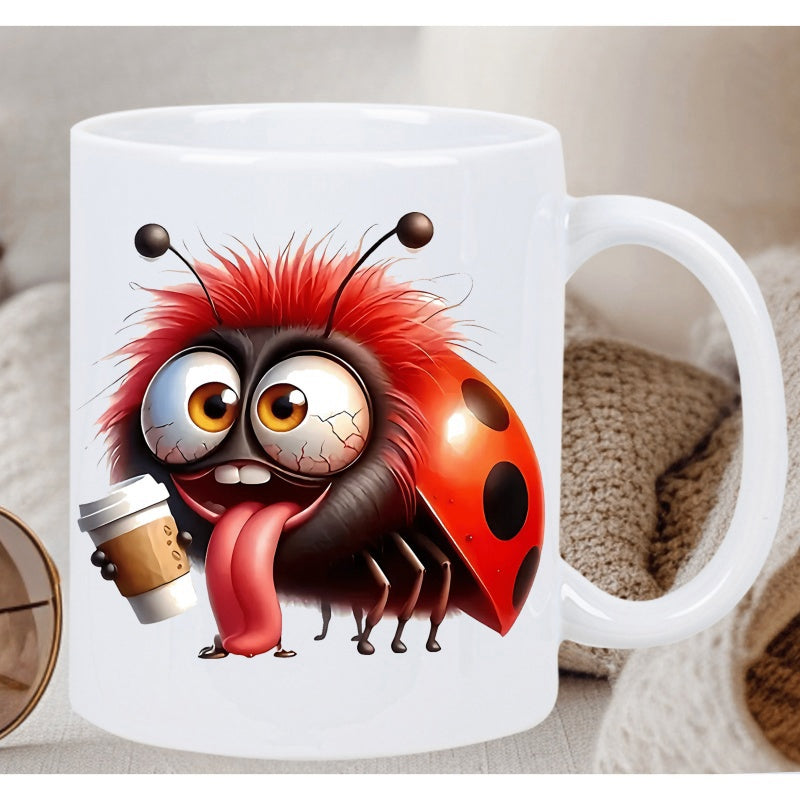 Tailorly White Ceramic 11 oz Mug - Exhausted Fuzzy Red Creature Holding Coffee Cup With Big Bulging Eyes Ladybug