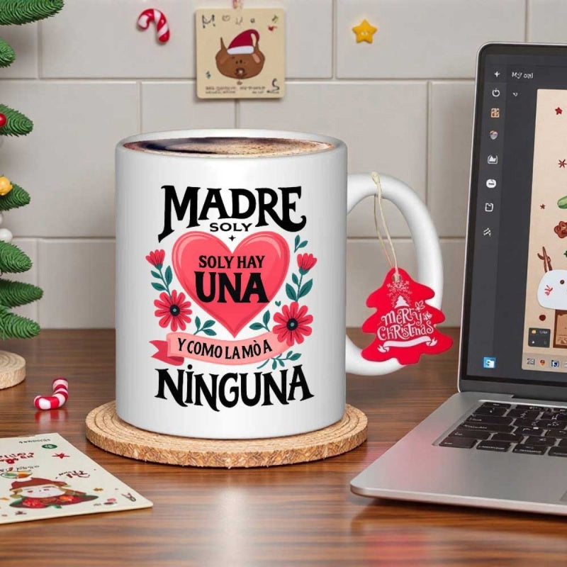 Tailorly White Ceramic 11 oz Mug - Lovely Pink Heart Surrounded By Red Flowers And Vibrant Green Leaves Mug