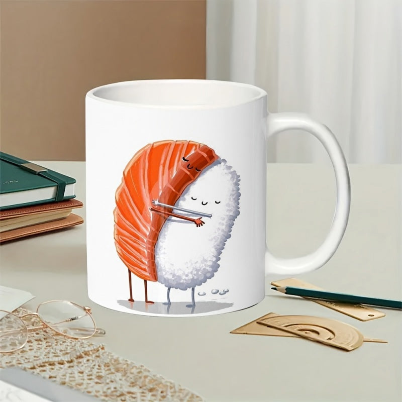 Tailorly White Ceramic 11 oz Mug - Adorable Cartoon Salmon And Rice Characters Sharing A Warm Embrace Sushi