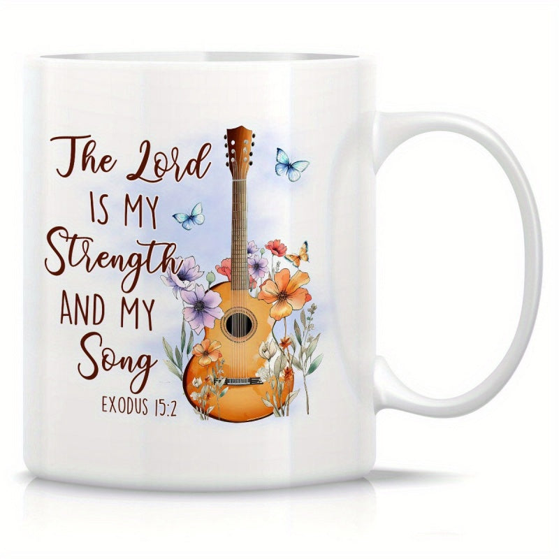 Tailorly White Ceramic 11 oz Mug - The Lord Is My Strength And My Song Exodus 15 2 Acoustic Wood Instrument Surrounded By Blooming Wildflowers And Graceful Blue