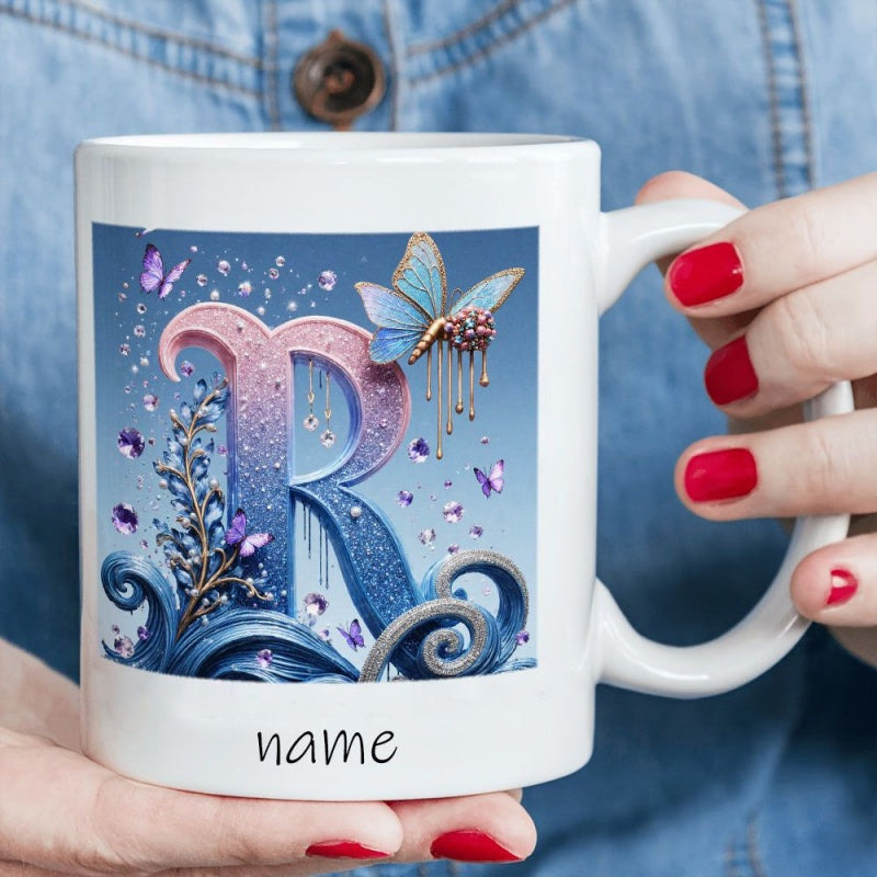 Tailorly White Ceramic 11 oz Mug - Name Elegant Ornate Blue And Pink Initial With Sparkling Butterflies Letter R