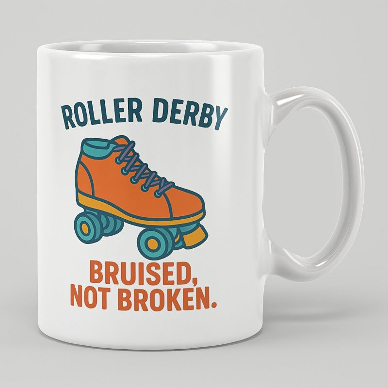 Tailorly White Ceramic 11 oz Mug - Roller Derby Bruised Not Broken Vintage Style Orange Boot Featuring Teal Wheels And Laces Skate
