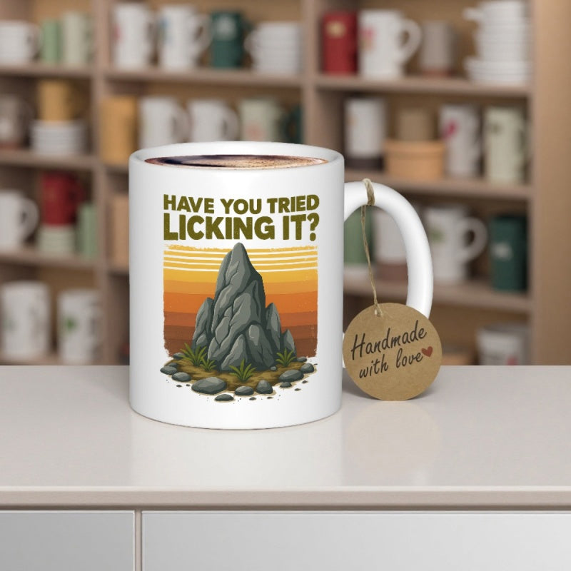 Tailorly White Ceramic 11 oz Mug - Have You Tried Licking It Weathered Gray Mountain Peak With Vibrant Horizontal Retro Sunset Stripes Rock