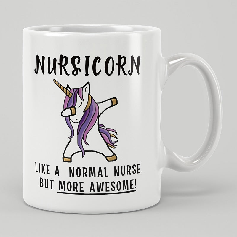 Tailorly White Ceramic 11 oz Mug - Nursicorn Like A Normal Nurse But More Awesome Whimsical Cartoon Dabbing Unicorn With Purple Mane And Golden Horn Unicorn