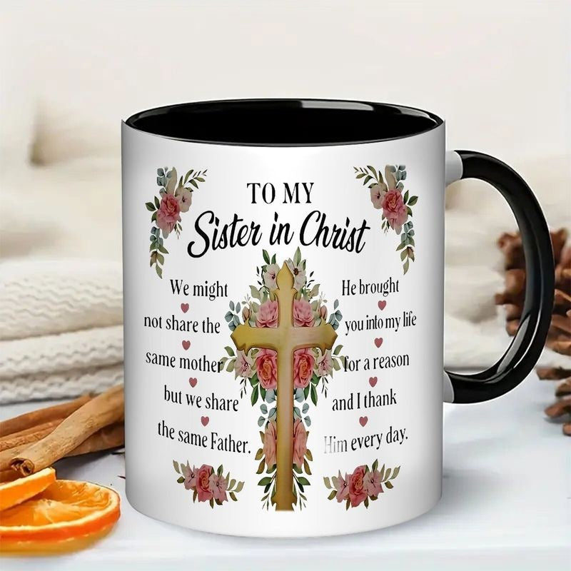 Tailorly Black Accent 11 oz Mug - floral cross bible verse