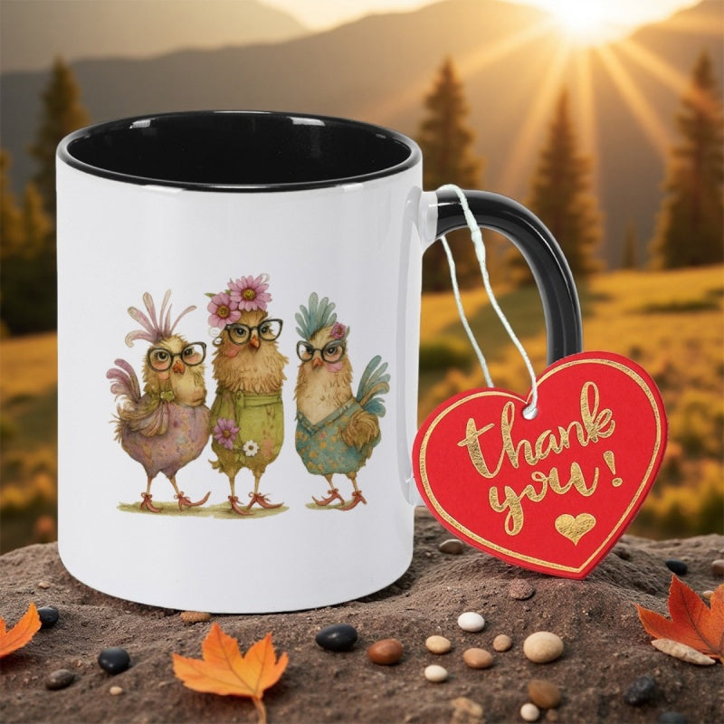 Tailorly Black Accent 11 oz Mug - whimsical trio of chickens