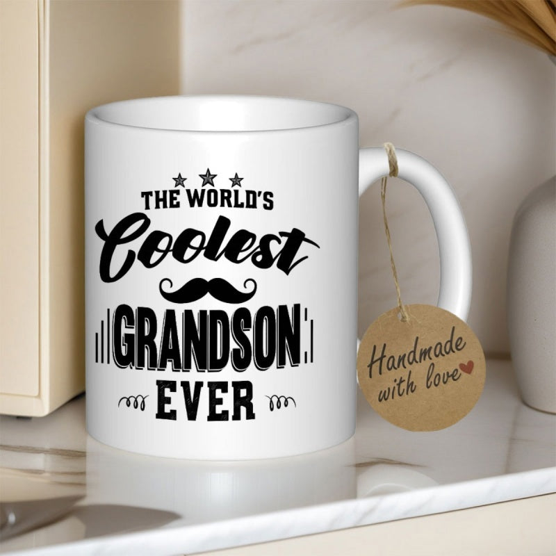 Tailorly White Ceramic 11 oz Mug - The Worlds Coolest Grandson Ever Stylized Black Mustache And Triple Stars Among Bold Decorative Lines Mug