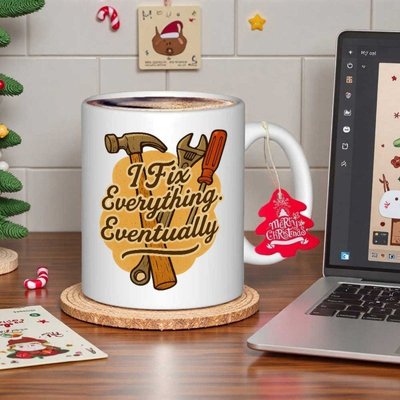 Tailorly White Ceramic 11 oz Mug - I Fix Everything Eventually Hand Drawn Handyman Tools Set Against A Warm Yellow Background Tools