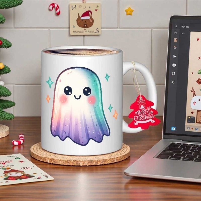 Tailorly White Ceramic 11 oz Mug - Cute Pastel Gradient With Sparkling Stars And A Friendly Little Ghost