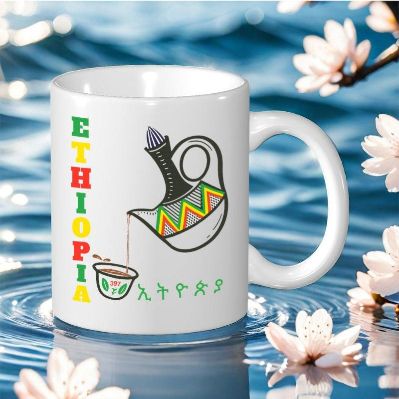 Tailorly White Ceramic 11 oz Mug - Ethiopia Traditional Cultural Vessel Pouring Coffee With Geometric Patterns And Vibrant Colors Pot