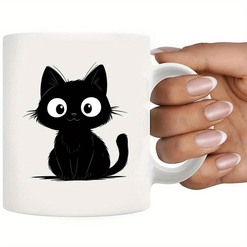 Tailorly White Ceramic 11 oz Mug - Adorable Sitting Black Kitten With Large White Round Eyes And Whiskers Cat