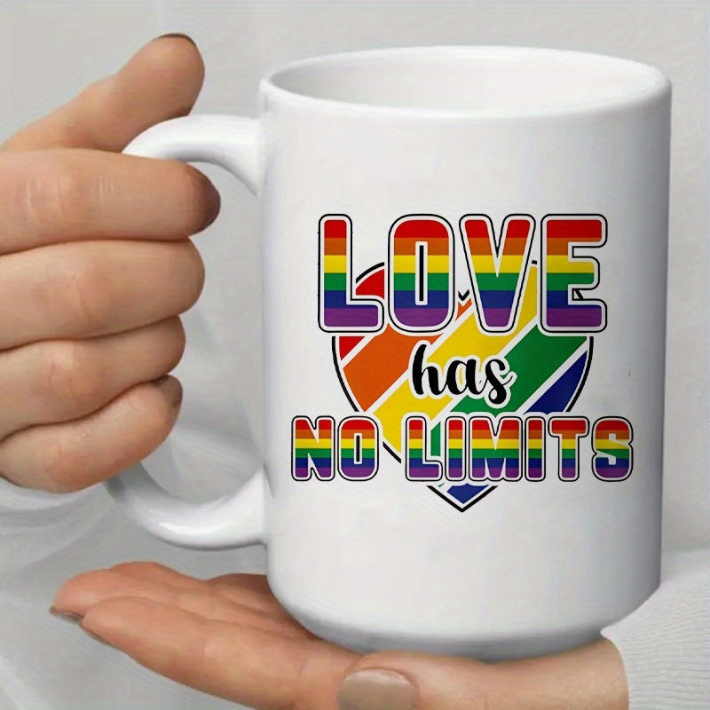 Tailorly White Ceramic 11 oz Mug - Love Has No Limits Rainbow Striped Heart With Bold Colorful Letters And Delicate Script Font Heart