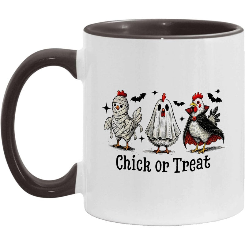 Tailorly Black Accent 11 oz Mug - funny chick or treat text with a chick illustration