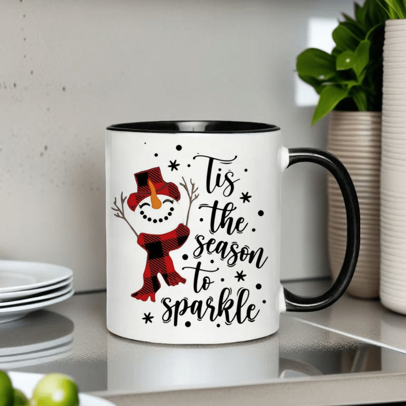 Tailorly Black Accent 11 oz Mug - sparkle christmas snowman