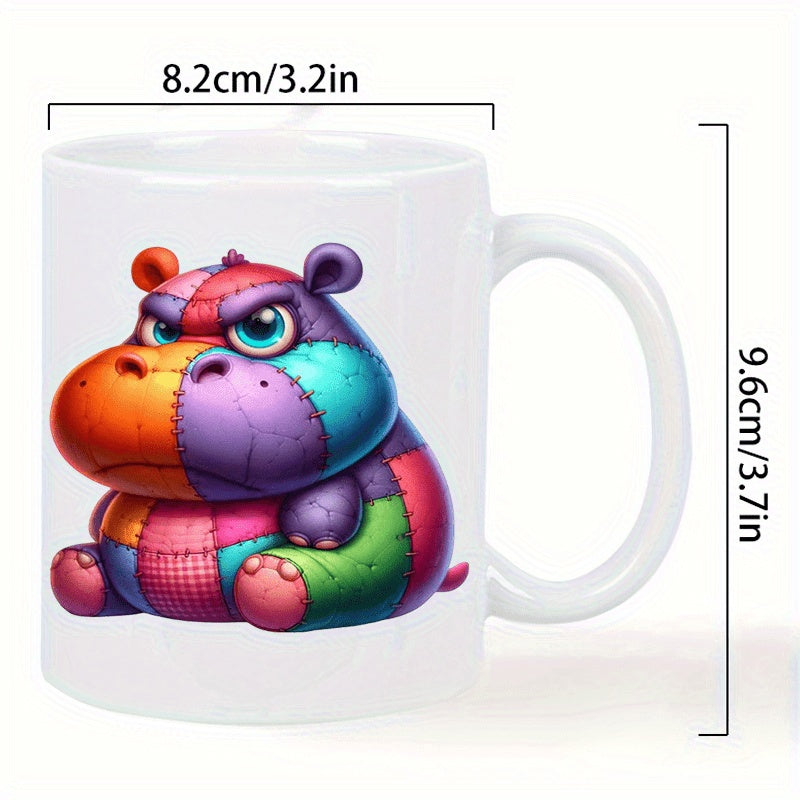 Tailorly White Ceramic 11 oz Mug - Colorful Patchwork Design With Vibrant Stitched Fabric Details Sitting Hippo