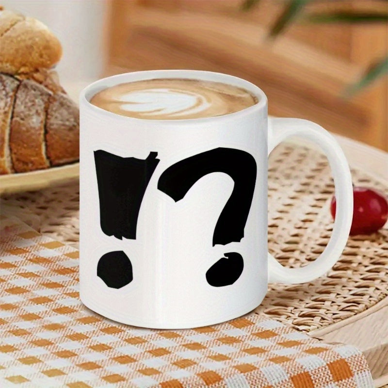 Tailorly White Ceramic 11 oz Mug - Black Hand Painted Brushstroke Style Exclamation And Question Mark Mug