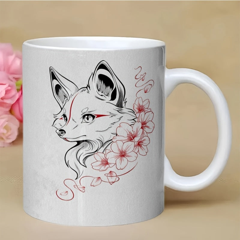 Tailorly White Ceramic 11 oz Mug - Artistic Line Drawing Of Mythical Kitsune Surrounded By Delicate Cherry Blossoms Fox