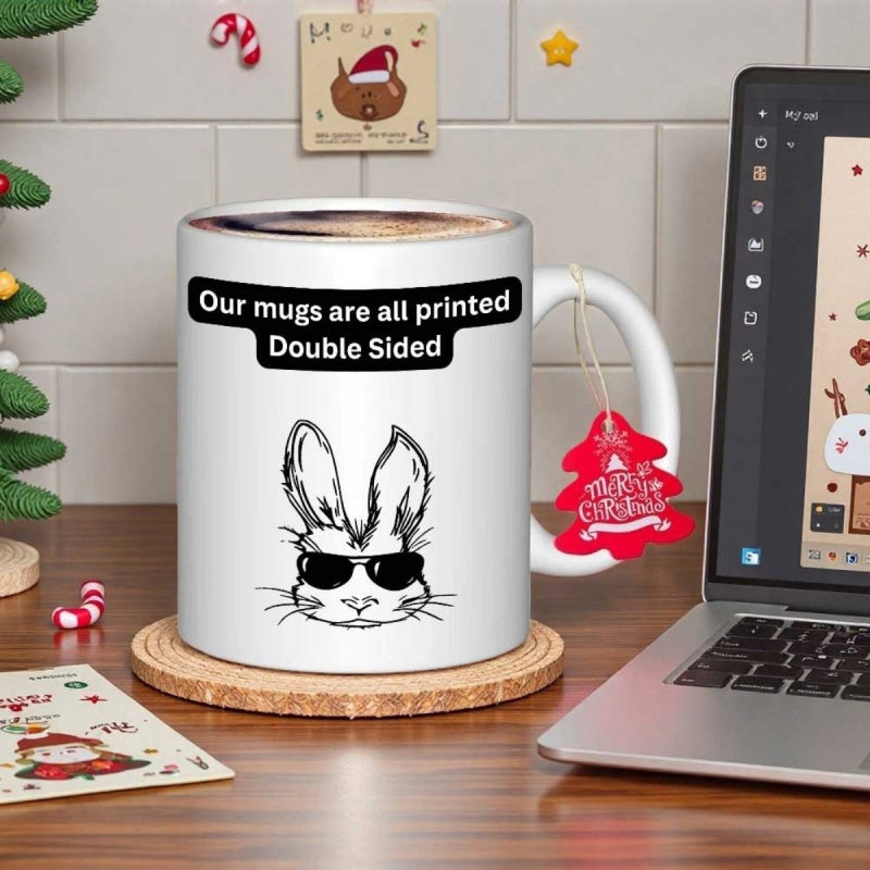 Tailorly White Ceramic 11 oz Mug - Our Mugs Are All Printed Double Sided Minimalist Black And White Sketch Featuring Cool Rabbit With Stylish Sunglasses Rabbit
