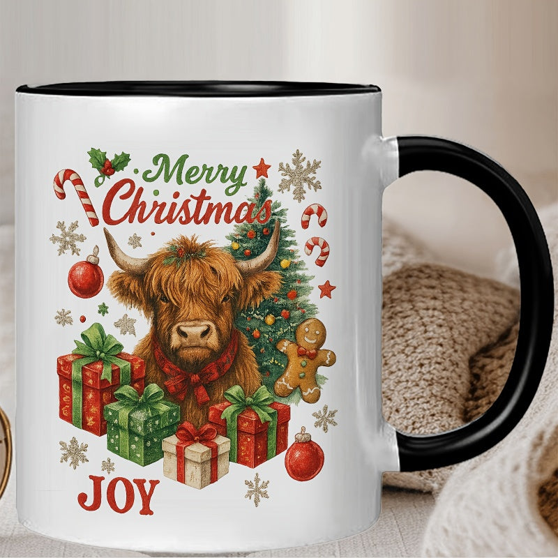 Tailorly Black Accent 11 oz Mug - scottish themed christmas ceramic mug with highland cow gingerbread