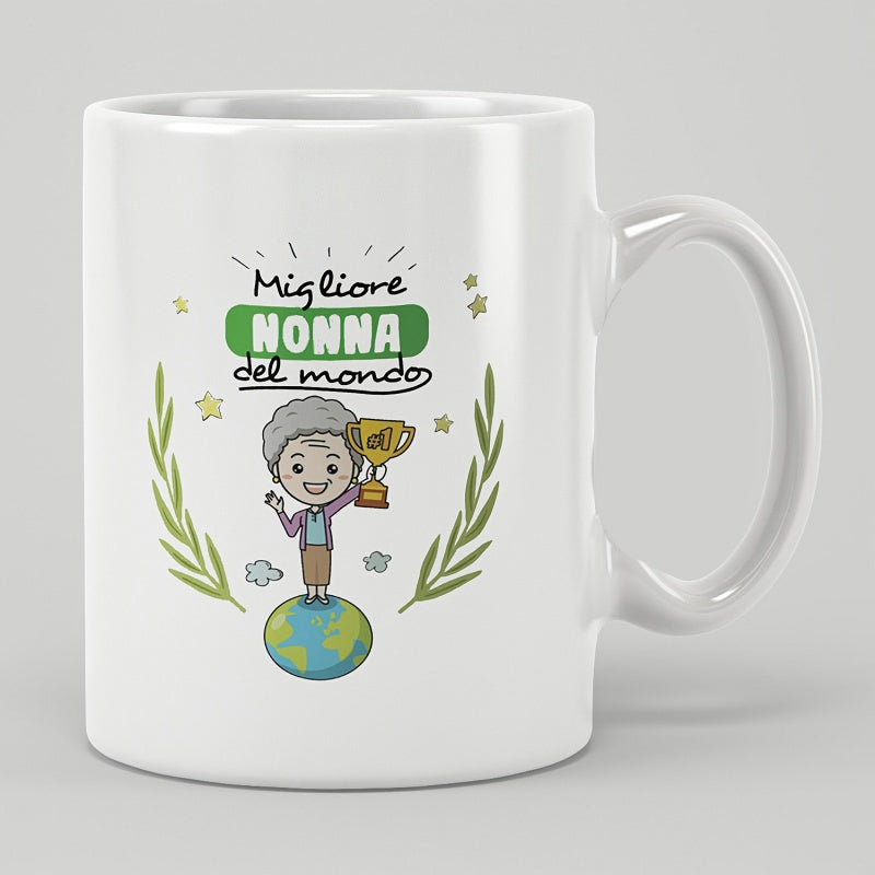 Tailorly White Ceramic 11 oz Mug - Smiling Cartoon Character Holding Trophy Standing Atop Earth Globe Grandmother