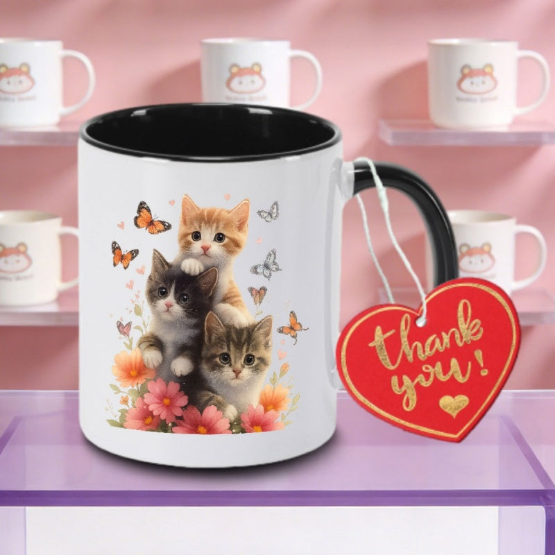 Tailorly Black Accent 11 oz Mug - three adorable kittens floral logo