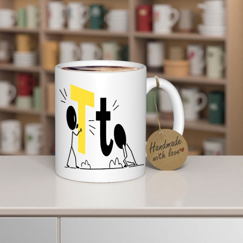Tailorly White Ceramic 11 oz Mug - T t Handmade With Love Minimalist Humanoid Figures Interacting With Large Alphabet Letters Stick Figure