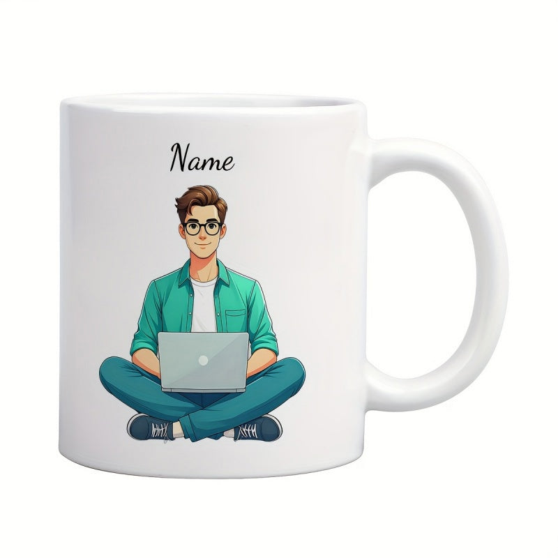 Tailorly White Ceramic 11 oz Mug - Name Cartoon Man With Glasses Sitting Cross Legged Using Laptop Character