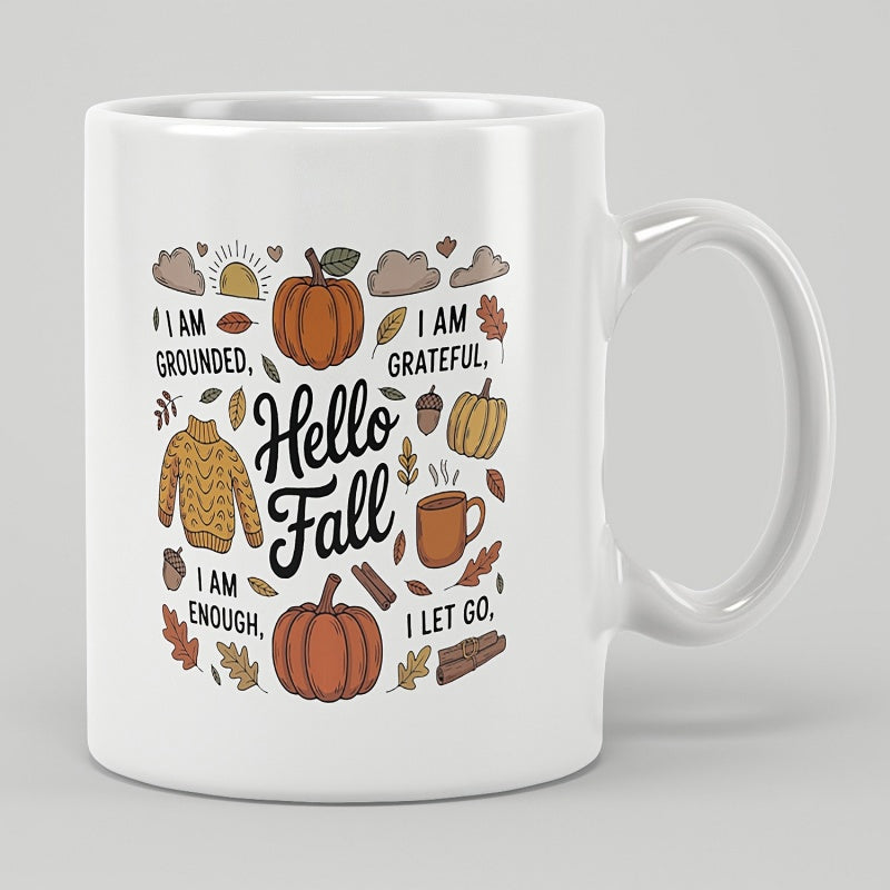 Tailorly White Ceramic 11 oz Mug - Hello Fall I Am Grounded I Am Grateful I Am Enough I Let Go Cozy Hand Drawn Seasonal Elements Featuring Falling Leaves And