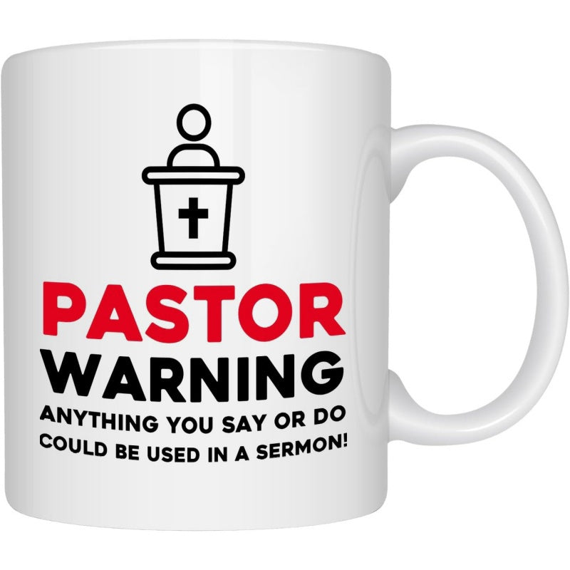 Tailorly White Ceramic 11 oz Mug - Pastor Warning Anything You Say Or Do Could Be Used In A Sermon Simple Minimalist Black Icon Of A Religious Leader Standing At A
