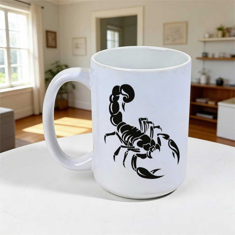 Tailorly White Ceramic 11 oz Mug - Stylized Black Tribal Silhouette Of A Poisonous Desert Arachnid Resting Scorpion