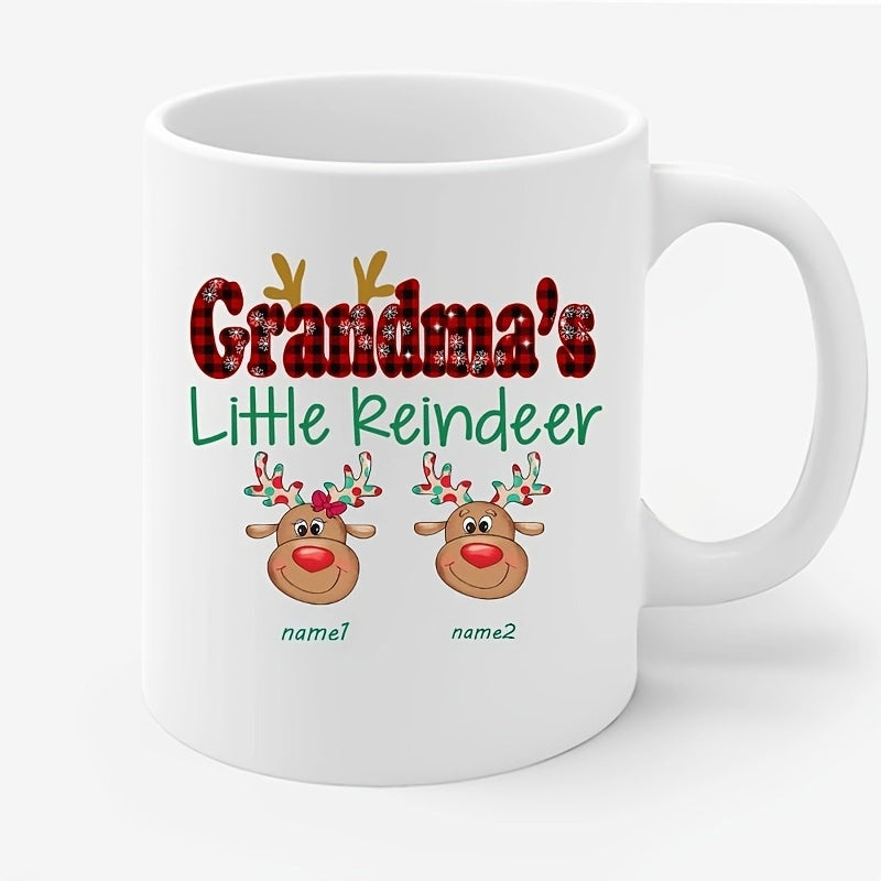 Tailorly White Ceramic 11 oz Mug - Grandmas Little Reindeer Adorable Cartoon Reindeer Heads With Festive Antlers And Red Plaid Pattern Reindeer