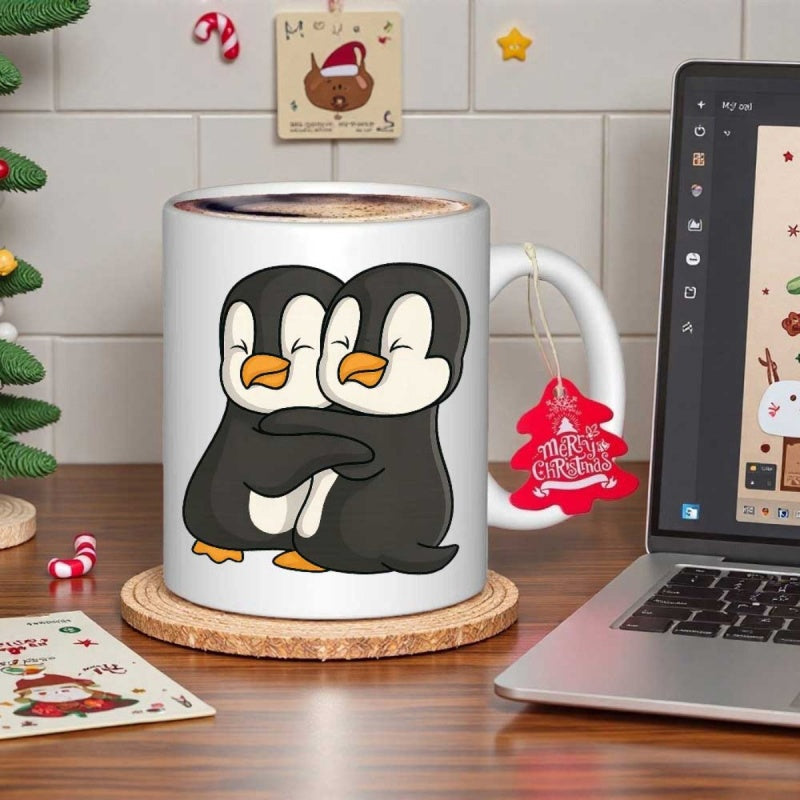 Tailorly White Ceramic 11 oz Mug - Two Adorable Cartoonish Arctic Birds Embracing With A Warm Hug Penguin