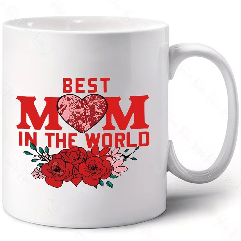 Tailorly White Ceramic 11 oz Mug - Best Mom In The World Vibrant Red Roses Nestled Below A Beautiful Decorative Patterned Heart