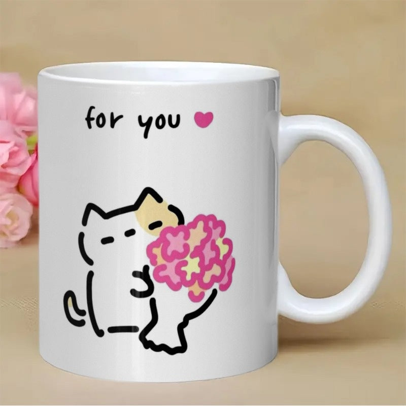 Tailorly White Ceramic 11 oz Mug - For You Minimalist Simple Line Art Drawing Of Cute Kitten Holding Flower Bouquet Cat
