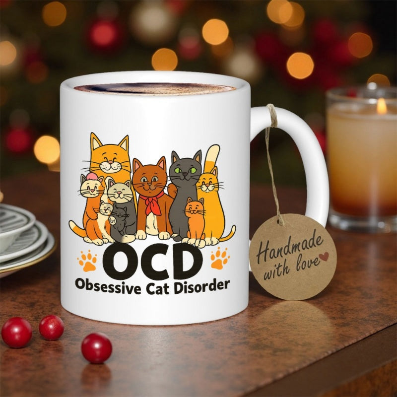 Tailorly White Ceramic 11 oz Mug - Ocd Obsessive Cat Disorder Colorful Group Of Playful Cartoon Felines Sitting Together Cat