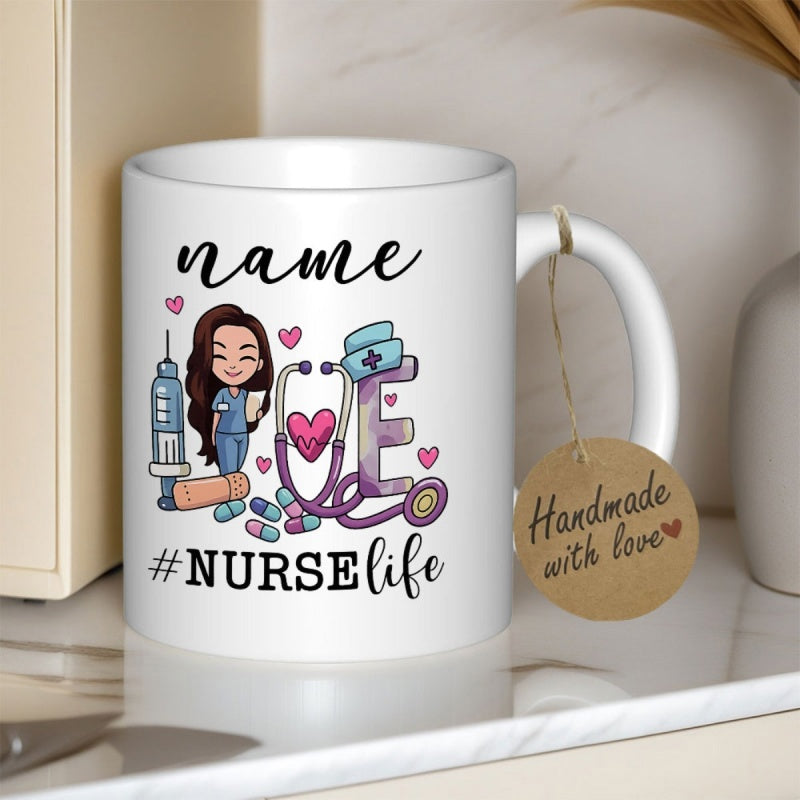 Tailorly White Ceramic 11 oz Mug - Nurse Life Cartoon Medical Elements With Hearts And Professional Chibi Nurse