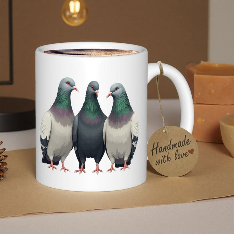 Tailorly White Ceramic 11 oz Mug - Realistic Urban Birds Grouped Together With Vibrant Iridescent Feathers Pigeon
