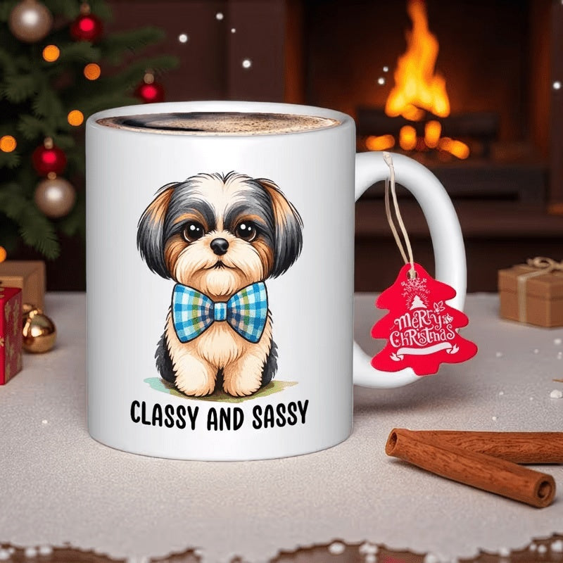 Tailorly White Ceramic 11 oz Mug - Classy And Sassy Adorable Cartoon Shih Tzu Character Wearing A Blue Plaid Bowtie Puppy