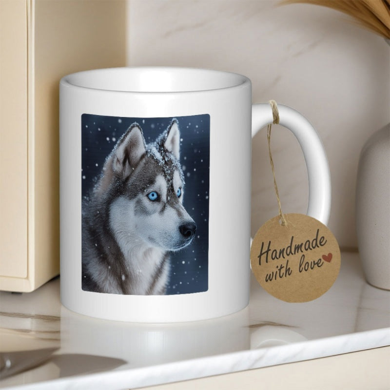 Tailorly White Ceramic 11 oz Mug - Handmade With Love Majestic Siberian Husky With Piercing Blue Eyes Standing In Falling Snow Husky