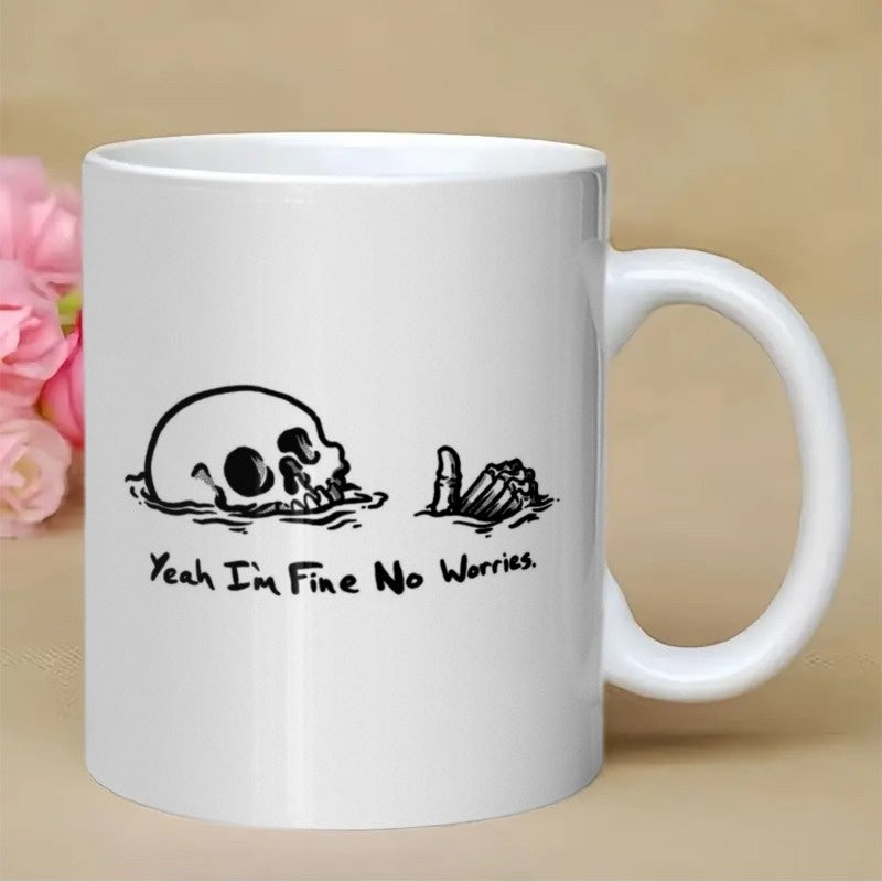 Tailorly White Ceramic 11 oz Mug - Yeah Im Fine No Worries Minimalist Black Ink Drawing Depicting A Skeletal Skull Sinking Under Wavy Water Skeleton