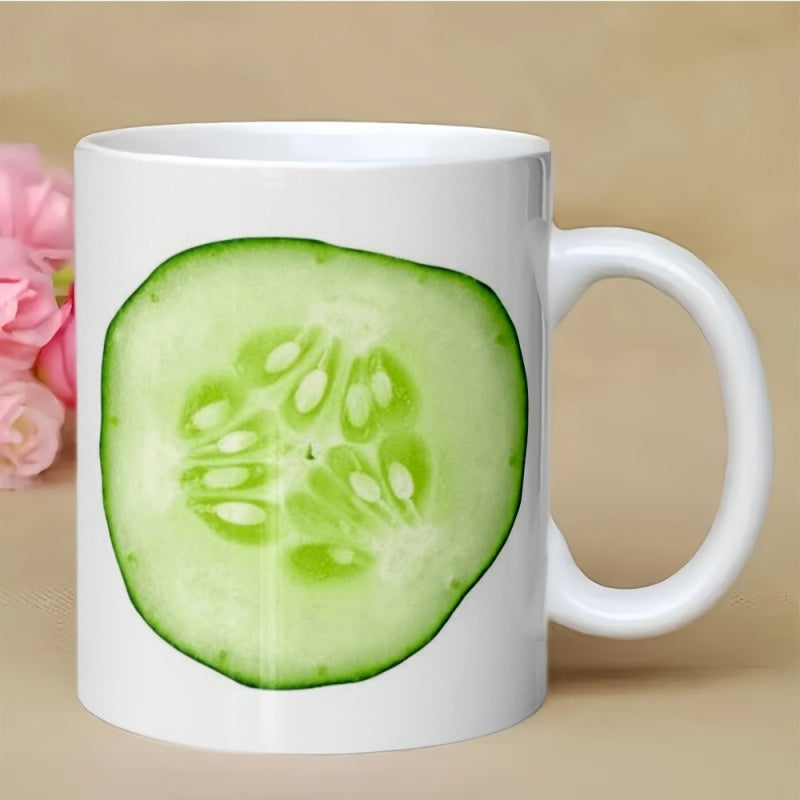 Tailorly White Ceramic 11 oz Mug - Realistic Green Fresh Sliced Vegetable With Transparent Seeds And Detailed Skin Cucumber