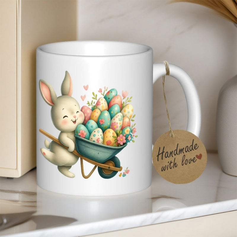 Tailorly White Ceramic 11 oz Mug - Handmade With Love Cute Cartoon Rabbit Pushing Wheelbarrow Filled With Colorful Floral Easter Eggs Rabbit