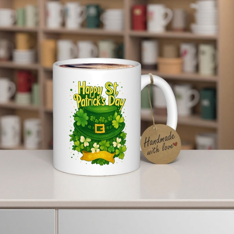 Tailorly White Ceramic 11 oz Mug - Happy St Patrick Day Festive Green Leprechaun Hat Adorned With Golden Buckle And Lucky Shamrocks Hat