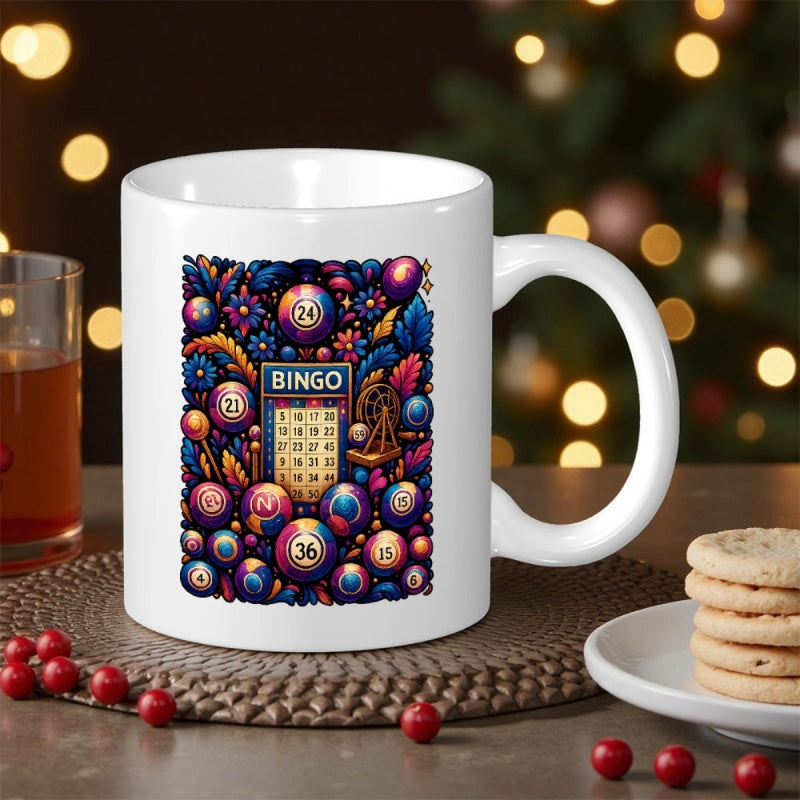 Tailorly White Ceramic 11 oz Mug - Bingo Colorful Game Balls Surrounded By Artistic Blue Foliage Bingo