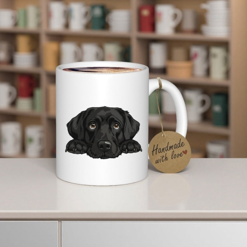 Tailorly White Ceramic 11 oz Mug - Handmade With Love Realistic Black Labrador Peeking Over Paws With Adorable Expressive Eyes Dog