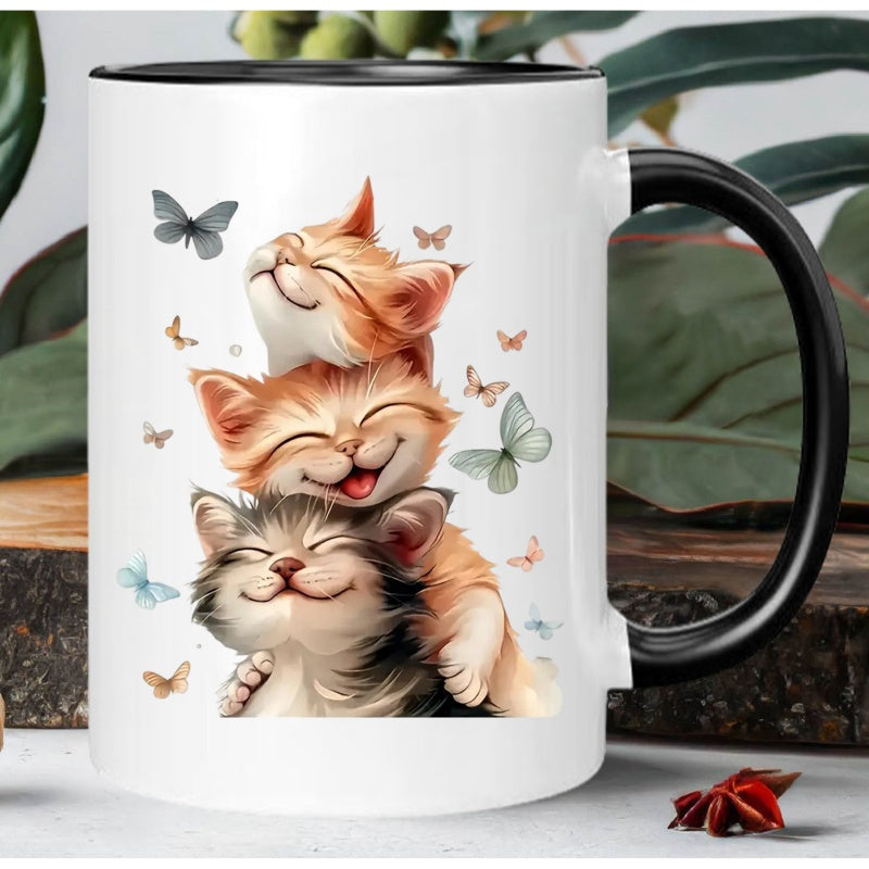 Tailorly Black Accent 11 oz Mug - cartoon cats and butterflies