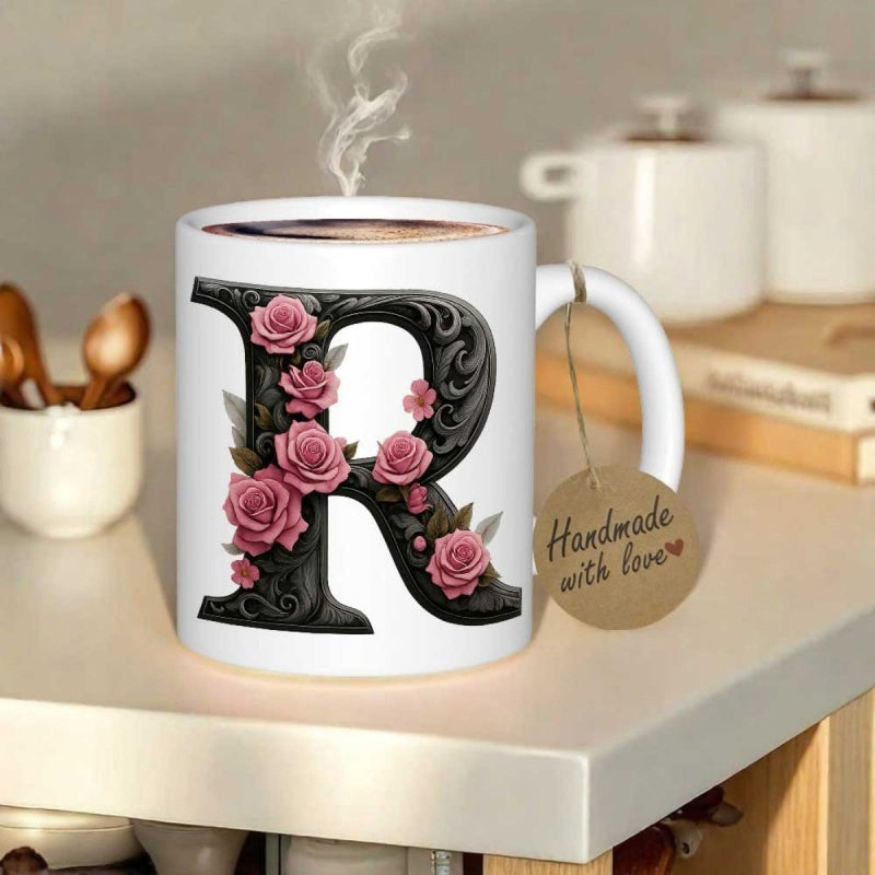 Tailorly White Ceramic 11 oz Mug - R Ornate Black Letter Decorated With Delicate Pink Roses Among Green Leaves Monogram