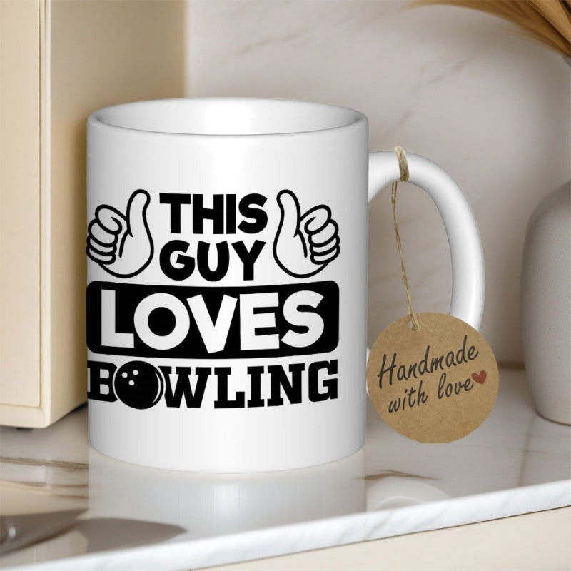 Tailorly White Ceramic 11 oz Mug - This Guy Loves Bowling Strong Bold Lettering With Cartoon Hands Giving Thumbs Up And Round Bowling