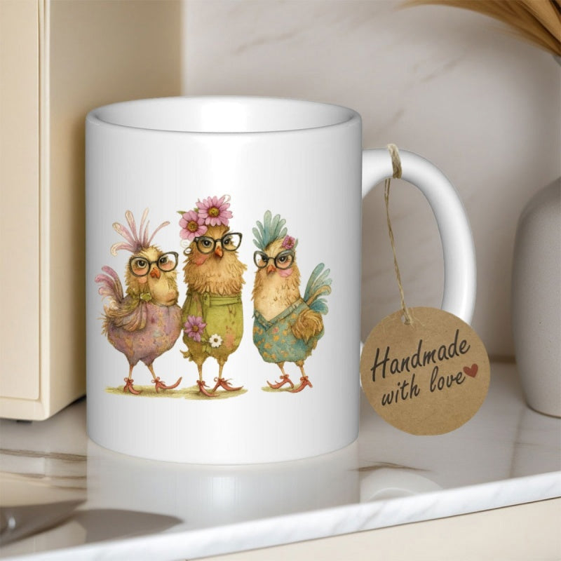 Tailorly White Ceramic 11 oz Mug - Handmade With Love Three Quirky Fluffy Chickens Wearing Glasses And Vintage Colorful Sweaters Chickens
